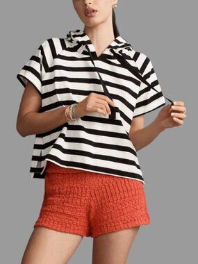 Maeve Anthropologie Women's Boxy Striped Short Sleeve Hoodie White Black Size XL